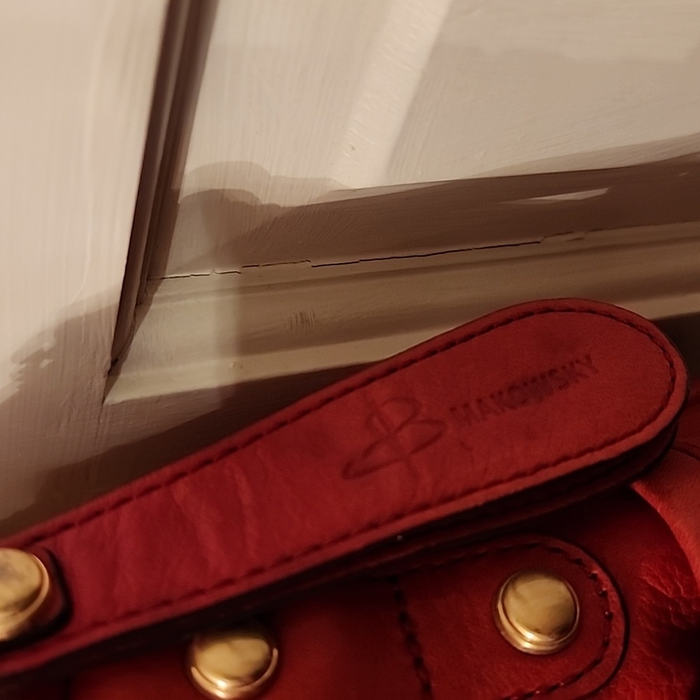 B MAKOWSKY Plushy Soft Red Leather Shoulder Bag with Gold Hardware Bottom Studs - Picture 10 of 16